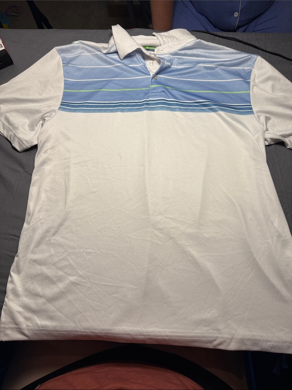 Ben Hogan White Polo with Light Blue and Green Stripe Yoke